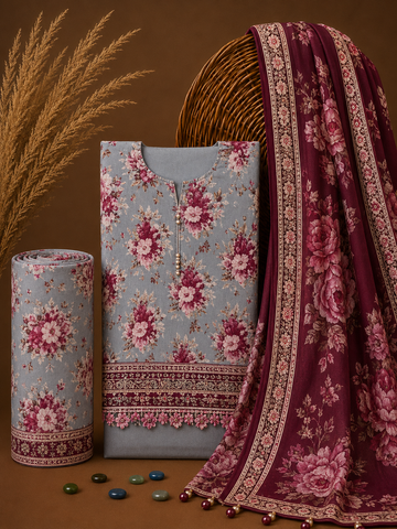 Signature Premium Unstitched 3PC Noble Lawn Suit - T1313